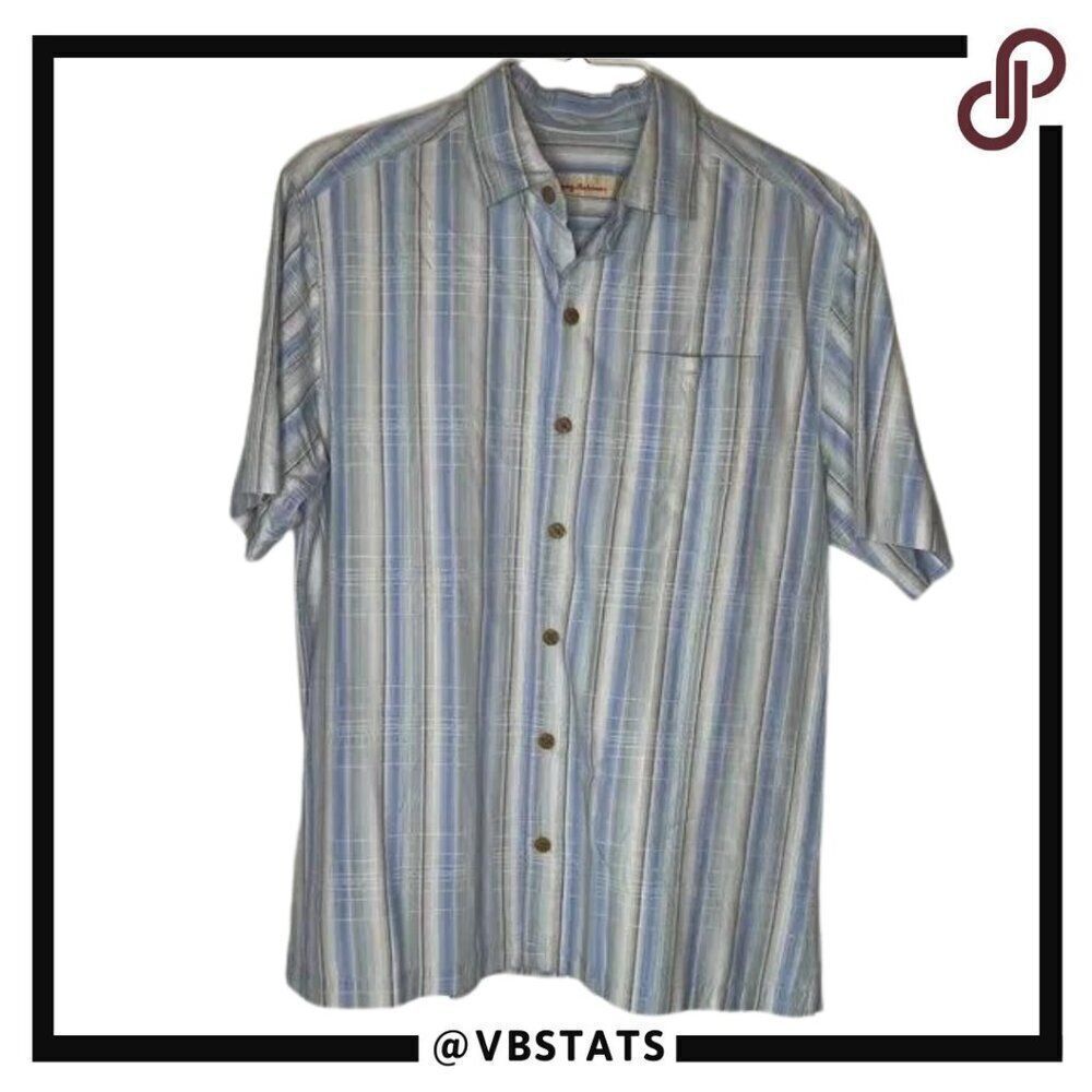 Tommy Bahama Blue-White-Gray Striped‎ Short Sleeve Shirt in Size Medium